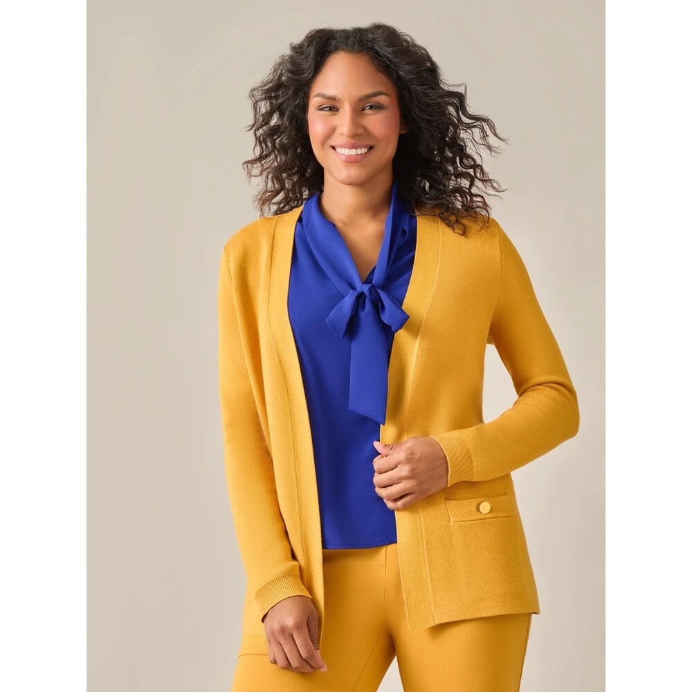 Kasper women's Open-Front Long-Sleeve Sweater Cardigan w.Pockets Yellow Gold XL